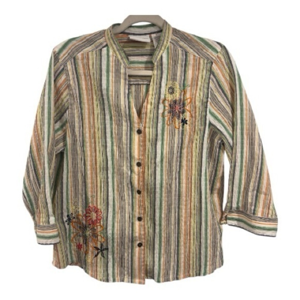 Alfred Dunner Flower-Embroidered Striped Button-Down Top | Size 12 Granny Core
